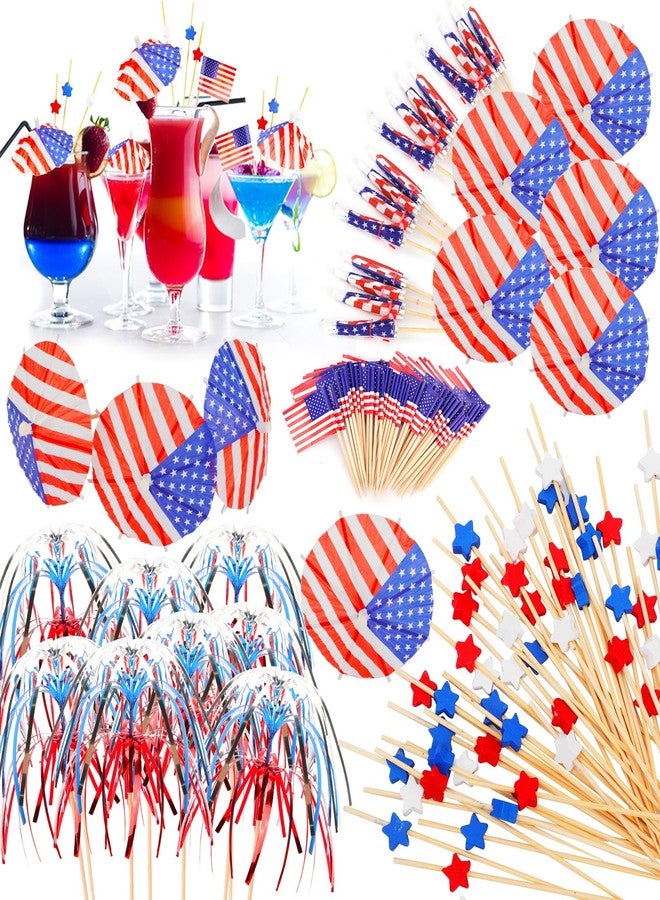 HOWAF 220pcs 4th of July Cocktail Picks USA Flag Drink Umbrellas Fruit Sticks Toothpicks Red Blue White Star Picks for Independence Day Party Drink Decorations, Patriotic Party Food Drink Pick - Image 1