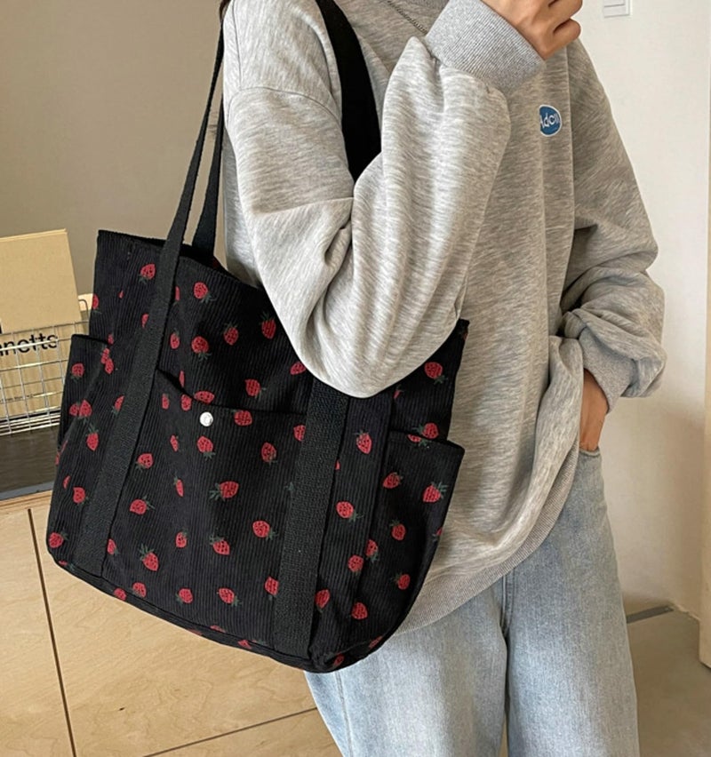 Tellrain Cute Strawberry Shoulder Tote Bag Women 2025 Corduroy Book Handbag Square Purse Multiple Pockets College - Image 2