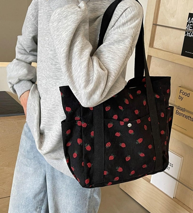 Tellrain Cute Strawberry Shoulder Tote Bag Women 2025 Corduroy Book Handbag Square Purse Multiple Pockets College - Image 3