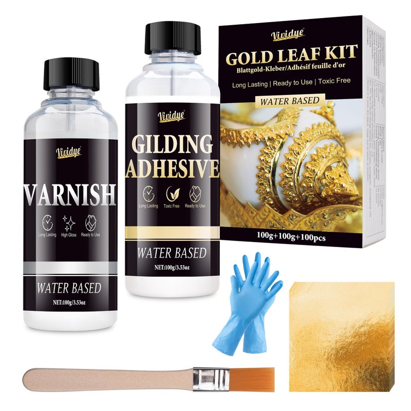 Gold Leaf Gilding Adhesive Set 100ml Metal Leaf Glue 100ml Protective Varnish Gold Foil Sheets 100pcs Fast Dry Gold Leaf Kit for Art Crafts Furniture and Painting Non Toxic LongLasting