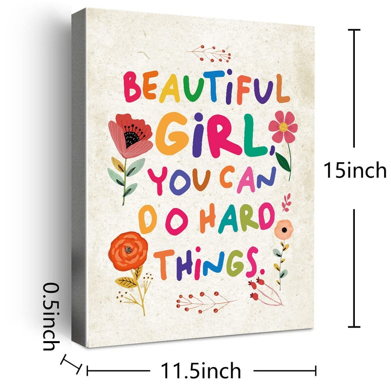 Wailozco Beautiful Girl You Can Do Hard Things Wall Art,Inspirational Quotes Canvas Framed Artwork for Girls Room,Teen Girl Bedroom Girls Room Wall Decor - Image 2