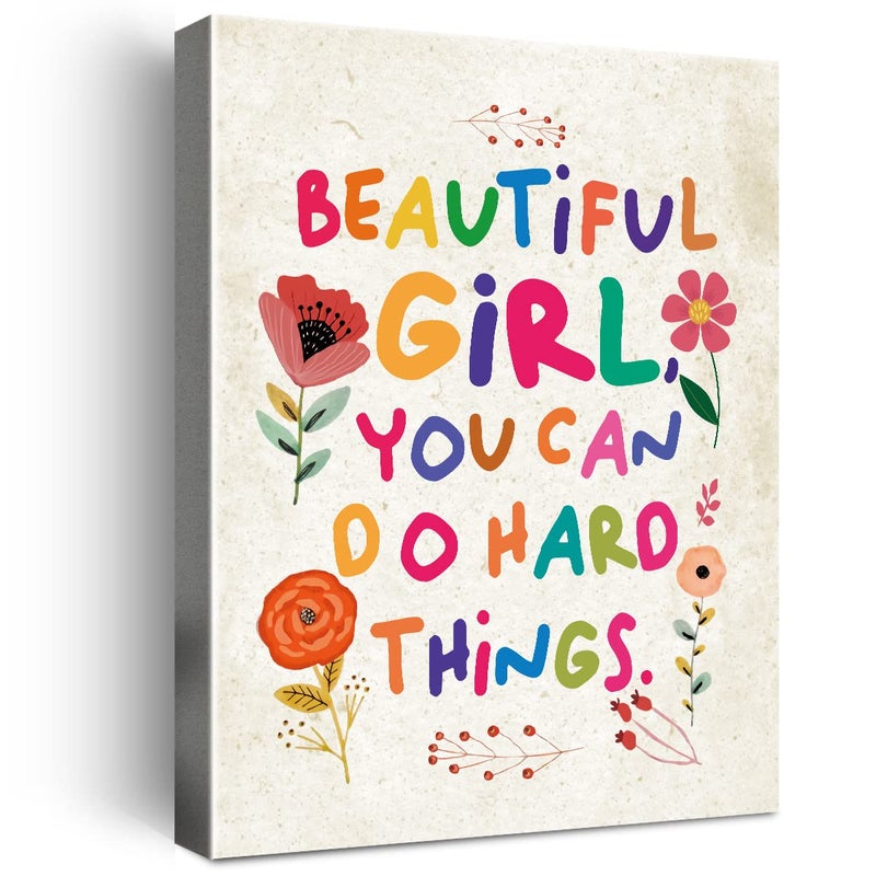 Wailozco Beautiful Girl You Can Do Hard Things Wall Art,Inspirational Quotes Canvas Framed Artwork for Girls Room,Teen Girl Bedroom Girls Room Wall Decor - Image 1
