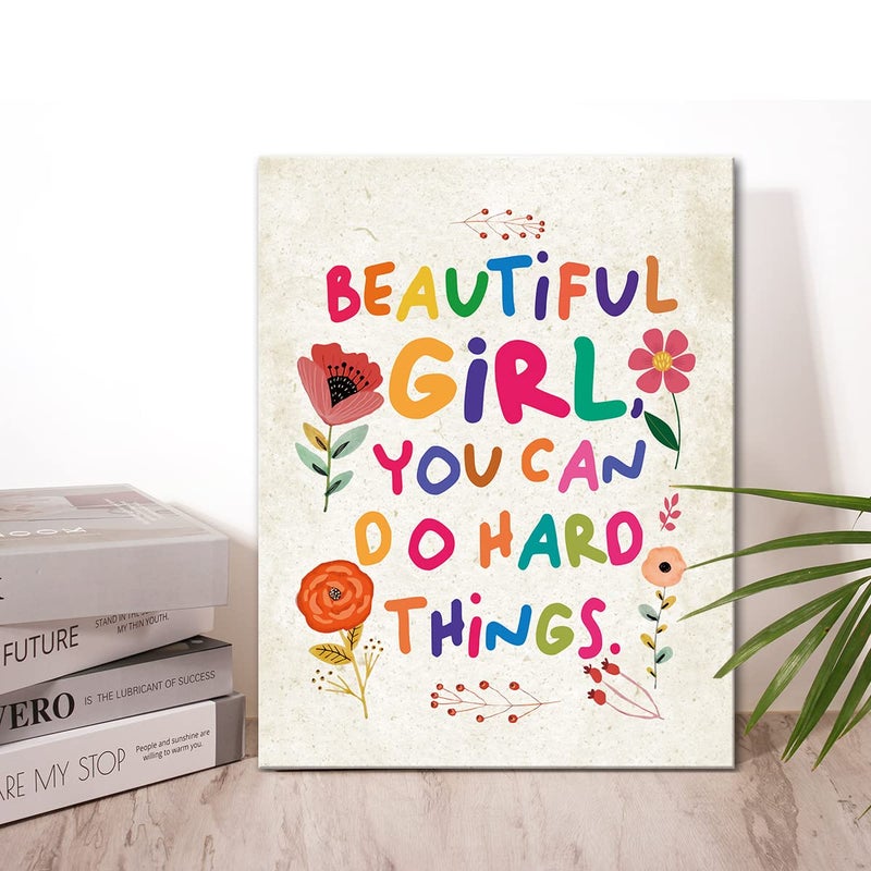 Wailozco Beautiful Girl You Can Do Hard Things Wall Art,Inspirational Quotes Canvas Framed Artwork for Girls Room,Teen Girl Bedroom Girls Room Wall Decor - Image 3