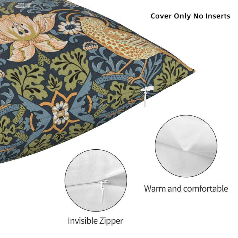 Keebik William Morris Strawberry Thief Throw Pillow Covers Decorative Outdoor Soft Pillowcases Home Decor Living Room Cushion Case for Bed Couch Car 18x18 Inch - Image 2