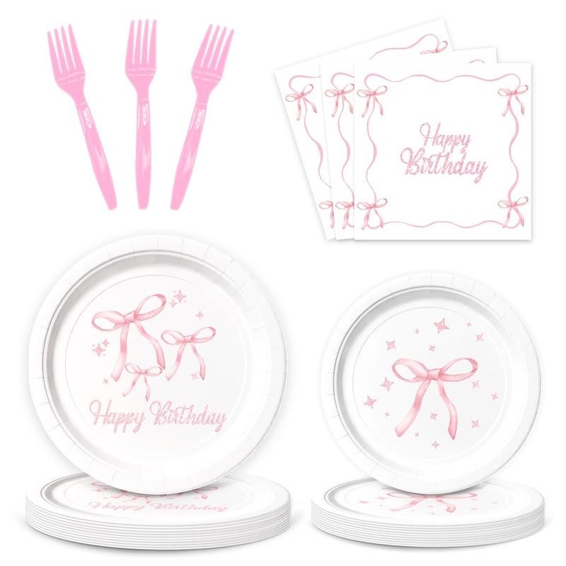 NUTTYBASH Pink Bow Birthday Party Supplies 96Pcs Coquette Birthday Decorations Includes Napinks Plates Forks Pink Bow Theme Tableware Party Supplies - Image 2