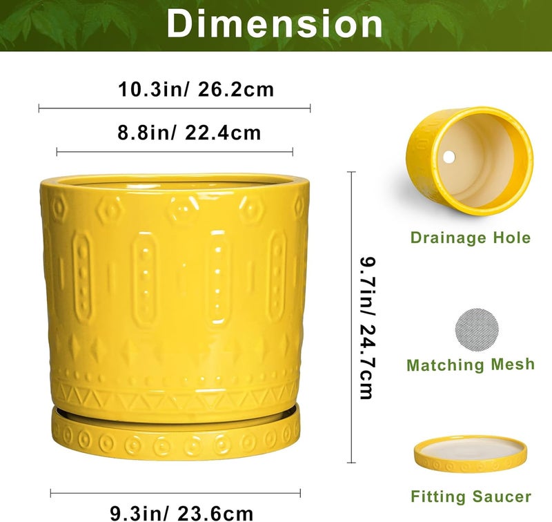 Eightpot 10 Inch Ceramic Planter Pot Plant Pot with Drainage Hole and Saucer, Round Large Flower Pot for Indoor Plants Outdoor Garden Planter Pot, Yellow - Image 2
