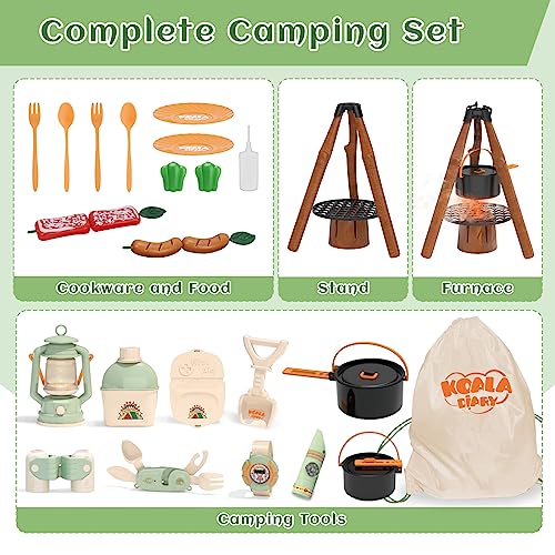 KOALA DIARY Kids Camping Toys Set - Pretend Play Camping Set with Food Toy, Spray Stove, Oil Lantern, Binoculars, Compass, Tableware, Watch & Storage Bag, Birthday for Ages 3+ - Image 4