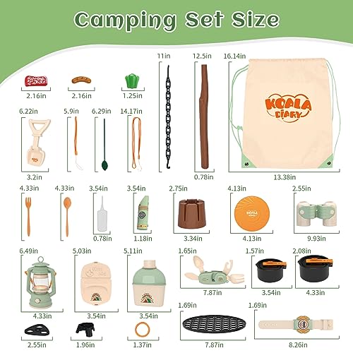 KOALA DIARY Kids Camping Toys Set - Pretend Play Camping Set with Food Toy, Spray Stove, Oil Lantern, Binoculars, Compass, Tableware, Watch & Storage Bag, Birthday for Ages 3+ - Image 5