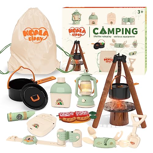 KOALA DIARY Kids Camping Toys Set - Pretend Play Camping Set with Food Toy, Spray Stove, Oil Lantern, Binoculars, Compass, Tableware, Watch & Storage Bag, Birthday for Ages 3+ - Image 1