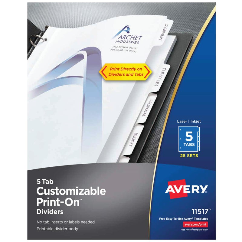 Avery 5-Tab Print-On Binder Dividers, White Tabs, 25 Sets (11517) - Image 1