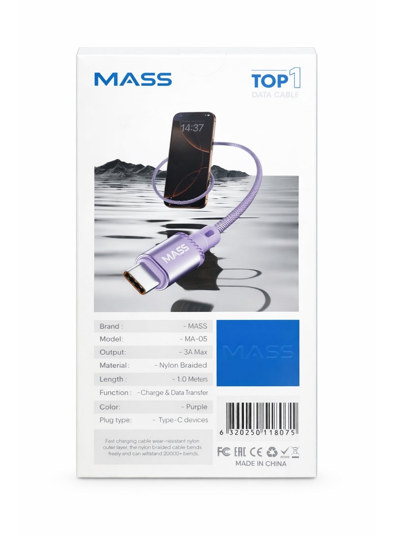 MASS USB-C Cable 1M Length, 3A Fast Charging, Nylon Braided Model: MA-05 for iPhone 15/ 15 Pro/ Huawei/Samsung Galaxy/Most Type C Phones, Car Carplay Compatible - 1 Year Local Warranty. - Image 2