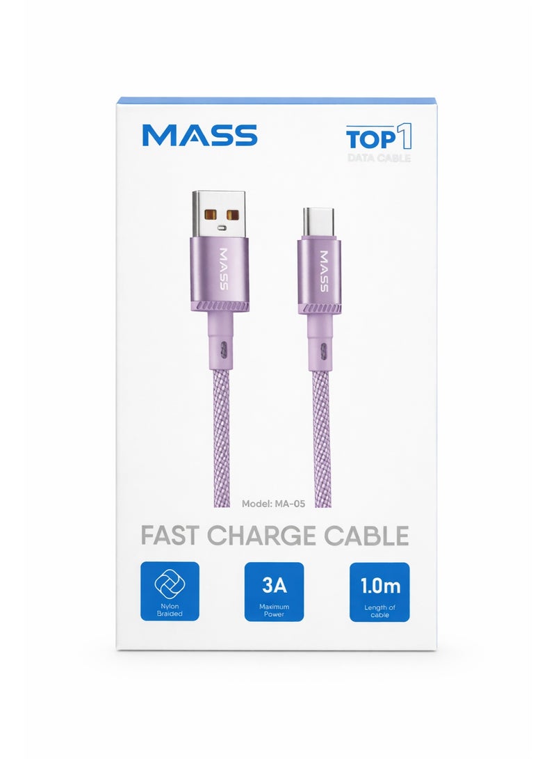MASS USB-C Cable 1M Length, 3A Fast Charging, Nylon Braided Model: MA-05 for iPhone 15/ 15 Pro/ Huawei/Samsung Galaxy/Most Type C Phones, Car Carplay Compatible - 1 Year Local Warranty. - Image 1