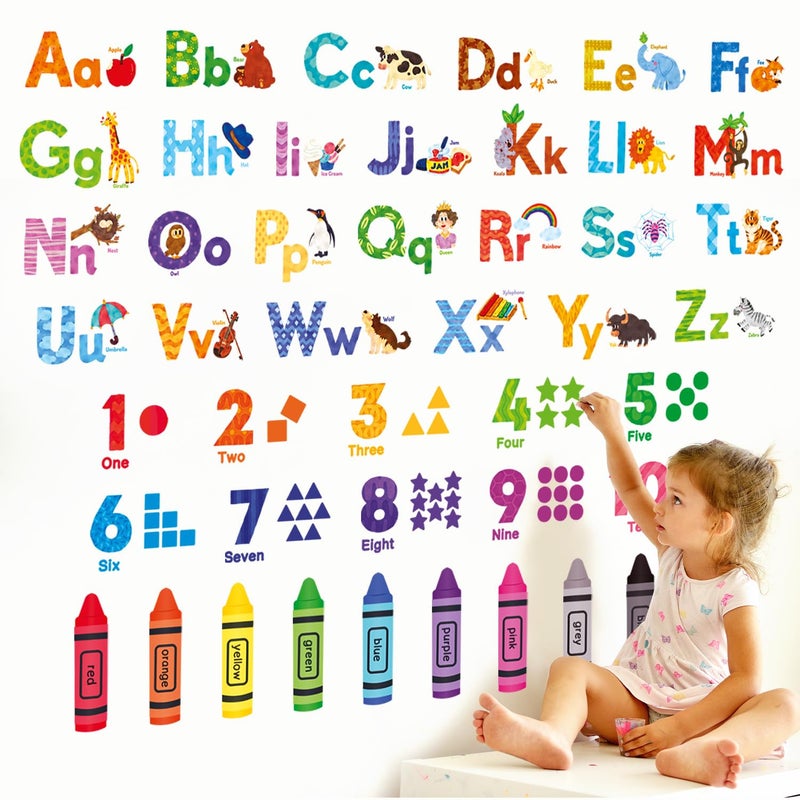DECOWALL DS8044 Animal Alphabet Numbers Colour Decals Stickers Kids Peel and Stick Removable for Room dcor Letters ABC Classroom playroom Decorations Educational Bedroom Nursery