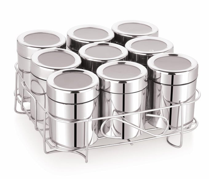 9 SQUARE STAINLESS STEEL SPICE BOX MASALA BOX FOR KITCHEN ORGANISER WITH 9 COMPARTMENT POPULA DABBA SQUARE MASALA DANI FOR KITCHEN RUST RESISTANT SEETHROUGH LID SILVER