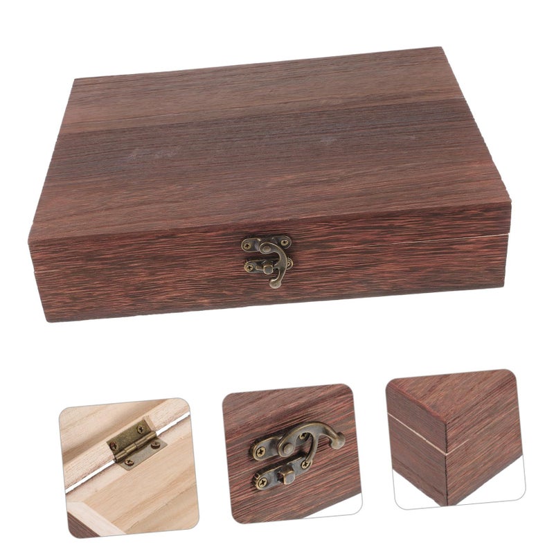 Vintage Wooden Storage Box With Lock Brown Rustic Hinged Keepsake Organizer - Image 4