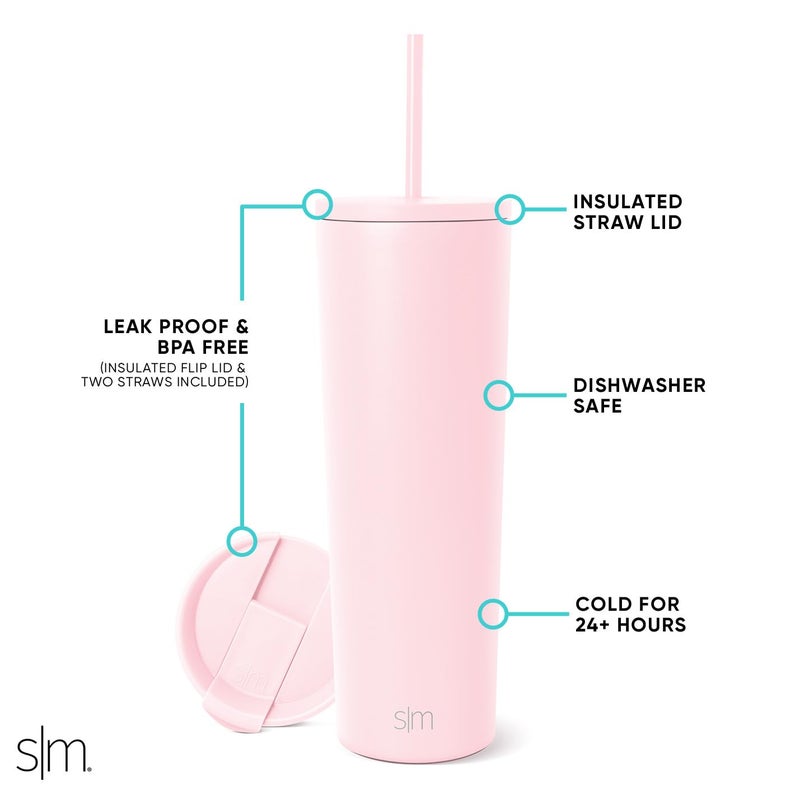 Simple Modern Insulated Tumbler with Lid and Straw | Iced Coffee Cup Reusable Stainless Steel Water Bottle Travel Mug | Gifts for Women Men Her Him | Classic Collection | 28oz | Blush - Image 3