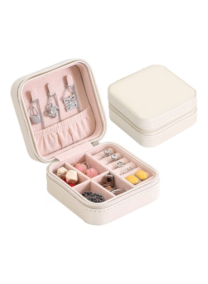 Portable Pocket Leather Jewelry and Accessories Organizer Box for Travel - Small Zippered Jewelry Case for Rings, Earrings, Necklaces, Chains, and Bracelets; Makeup and Jewelry Organizer; Velvet Leather; Protective and Water Resistant -  white - Image 1