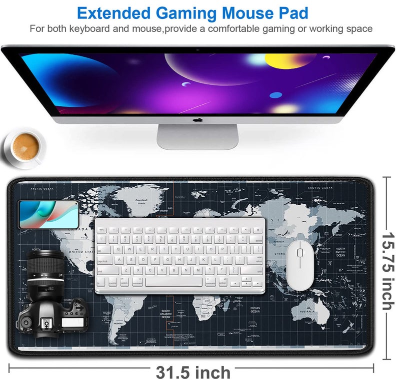 Naukay Large Gaming Mouse Pad with Stitched Edges, 31.5x15.7 in Extended Computer Keyboard Mouse Mat, Water Resist Non-Slip Mousepad Rubber Base Long XXL Desk Mousepad for Work & Gaming, Home, Map - Image 2