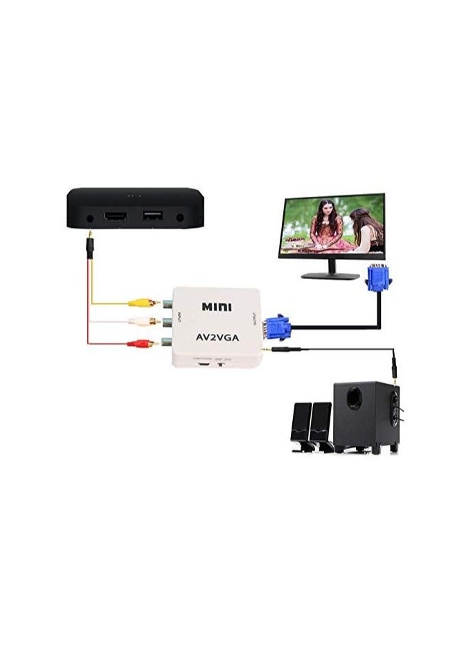 صندوق محول فيديو صغير عالي الوضوح AV2VGA من AV RCA CVBS إلى VGA مع محول صوت 3.5 مم لتحويل التلفزيون عالي الوضوح – باللون الأبيض  - Image 3
