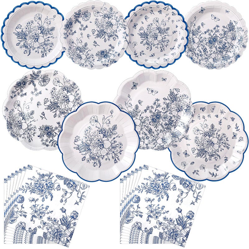 Skybooly 144 Pcs 48 Guests Blue Floral Plates and Napkins Party Supplies White and Blue Toile Paper Plates Napkins Chinoiserie Disposable Tableware for Baby Bridal Shower Wedding Birthday Party - Image 1