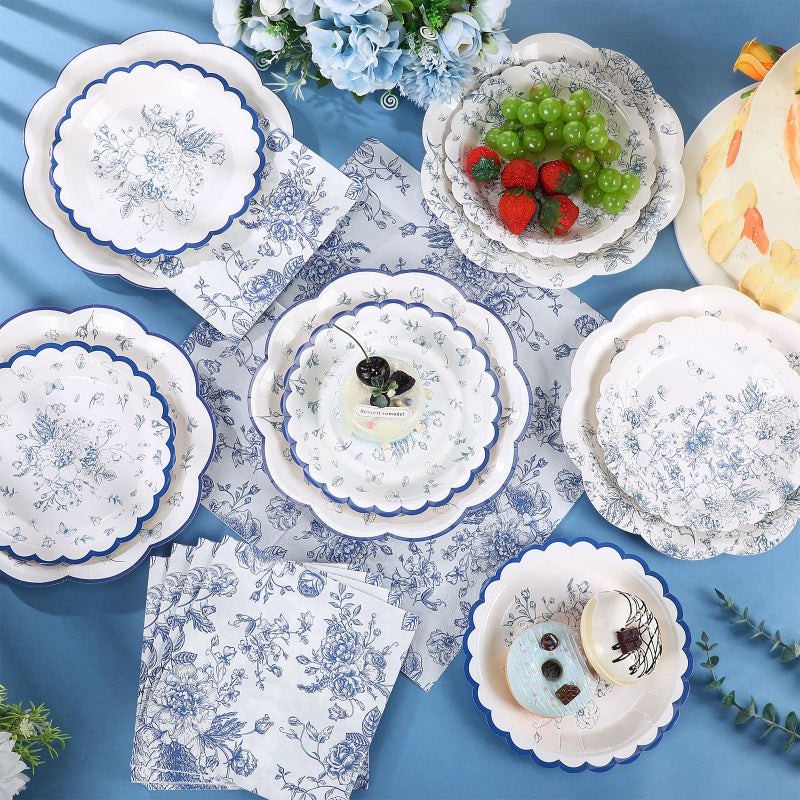 Skybooly 144 Pcs 48 Guests Blue Floral Plates and Napkins Party Supplies White and Blue Toile Paper Plates Napkins Chinoiserie Disposable Tableware for Baby Bridal Shower Wedding Birthday Party - Image 5