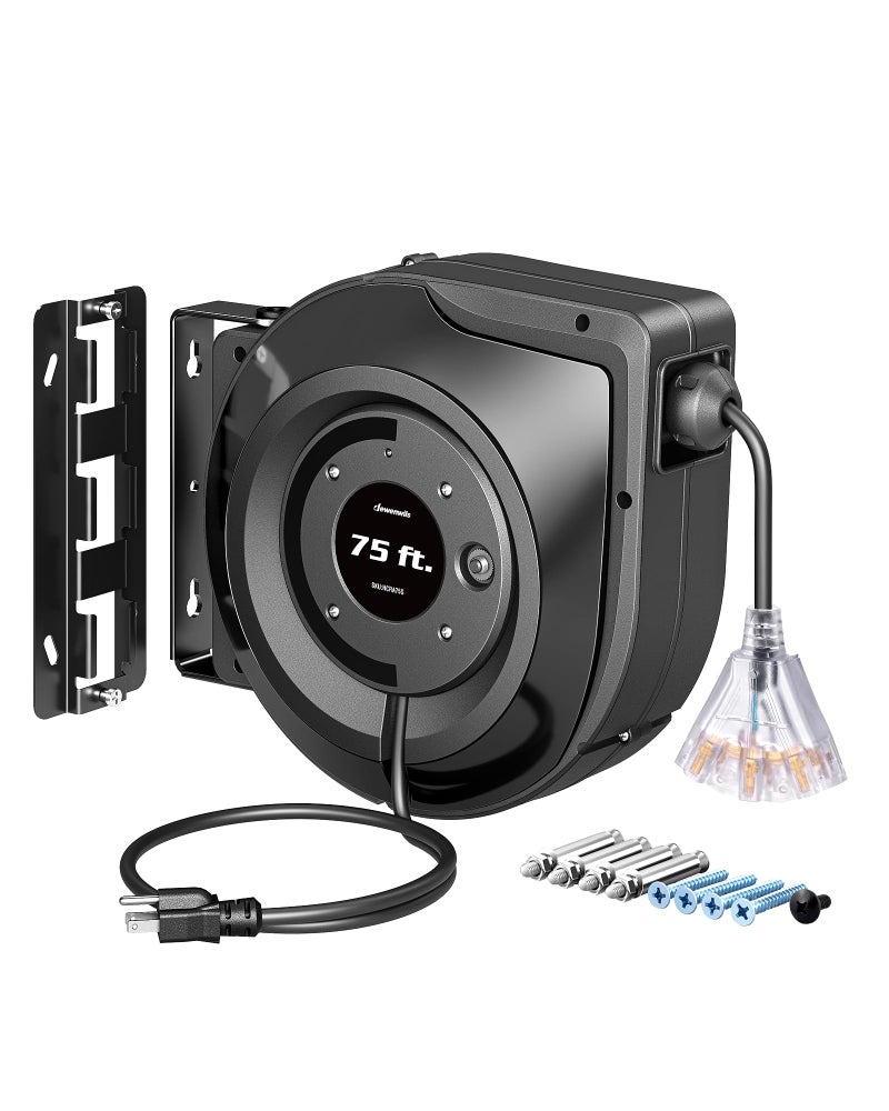 DEWENWILS 75FT Extension Cord Reel, 14/3C SJTOW Retractable Extension Cord Reel, Lighted Triple Outlets, 10A Circuit Breaker, Heavy Duty Power Cord, UL Listed, Ceiling/Wall Mount - Image 1