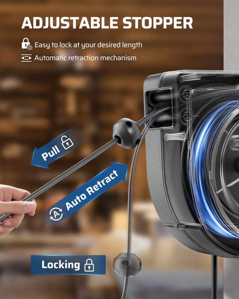 DEWENWILS 75FT Extension Cord Reel, 14/3C SJTOW Retractable Extension Cord Reel, Lighted Triple Outlets, 10A Circuit Breaker, Heavy Duty Power Cord, UL Listed, Ceiling/Wall Mount - Image 4