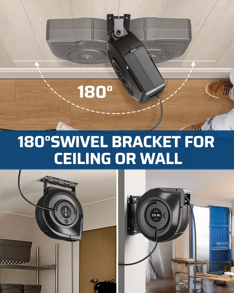 DEWENWILS 75FT Extension Cord Reel, 14/3C SJTOW Retractable Extension Cord Reel, Lighted Triple Outlets, 10A Circuit Breaker, Heavy Duty Power Cord, UL Listed, Ceiling/Wall Mount - Image 5