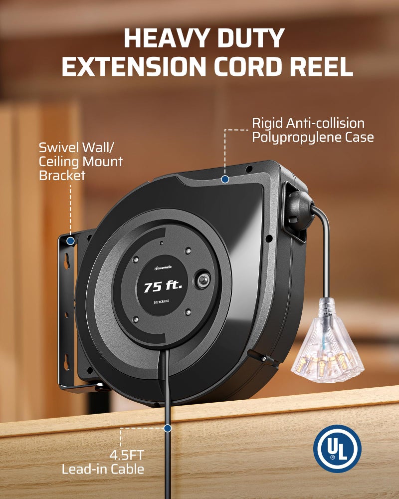 DEWENWILS 75FT Extension Cord Reel, 14/3C SJTOW Retractable Extension Cord Reel, Lighted Triple Outlets, 10A Circuit Breaker, Heavy Duty Power Cord, UL Listed, Ceiling/Wall Mount - Image 3
