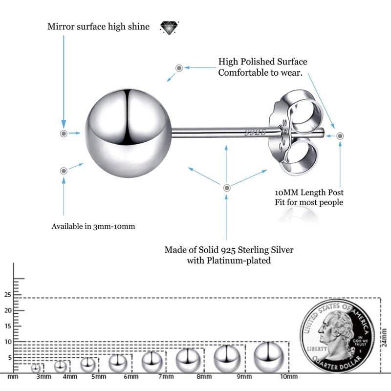 EVERU 925 Sterling Silver Ball Stud Earrings Available in 3mm-10mm,Classic Round Ball Studs Hypoallergenic Jewelry (3mm) - Image 2