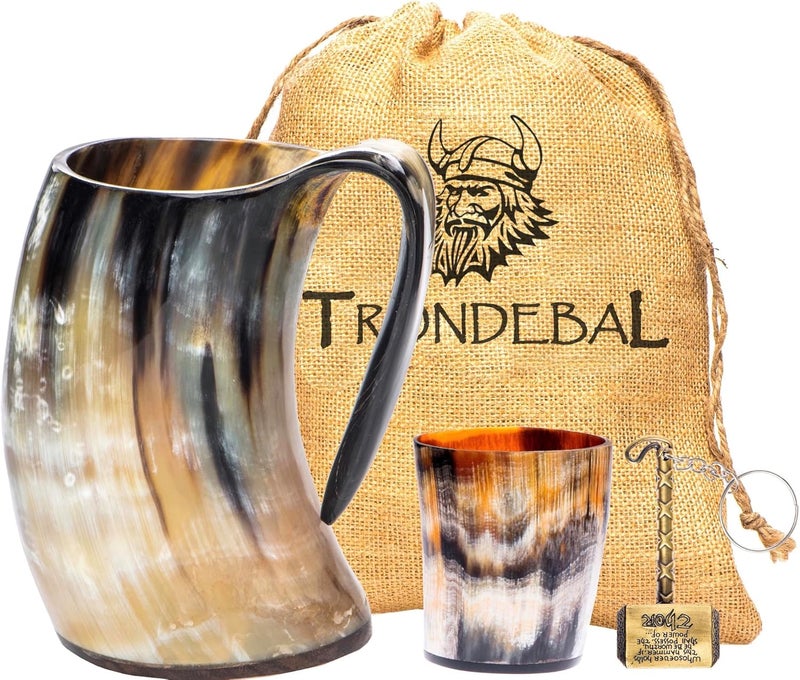 Trondebal Viking Drinking Horn Mug, 15-20 Oz Natural Ox Horn Cup & Cofee Stein | Cool Unique Gift for Men and Women, Home Decor Accessories | Shot Glasses for Beer, Ale, Whiskey, Mead - Image 1