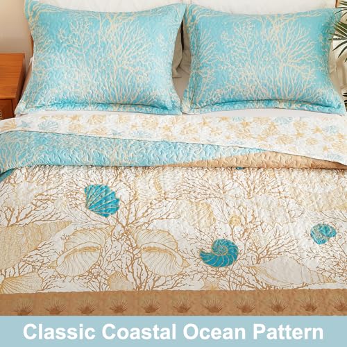 Cmfshape 3 Pieces Coastal Quilt Sets Queen Size-Ocean Theme Coral Shell Starfish Conch Pattern Printed Quilt,Reversible Beach Bedding Set,Summer Soft Lightweight Nautical Bedspread Coverlet(Queen 92"x96") - Image 4
