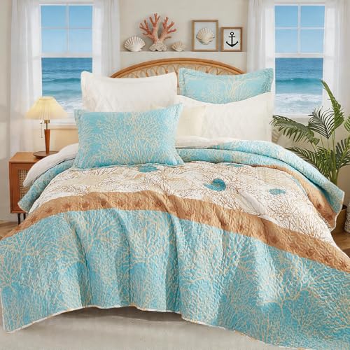 Cmfshape 3 Pieces Coastal Quilt Sets Queen Size-Ocean Theme Coral Shell Starfish Conch Pattern Printed Quilt,Reversible Beach Bedding Set,Summer Soft Lightweight Nautical Bedspread Coverlet(Queen 92"x96") - Image 1