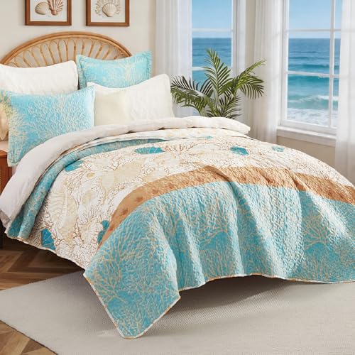 Cmfshape 3 Pieces Coastal Quilt Sets Queen Size-Ocean Theme Coral Shell Starfish Conch Pattern Printed Quilt,Reversible Beach Bedding Set,Summer Soft Lightweight Nautical Bedspread Coverlet(Queen 92"x96") - Image 2