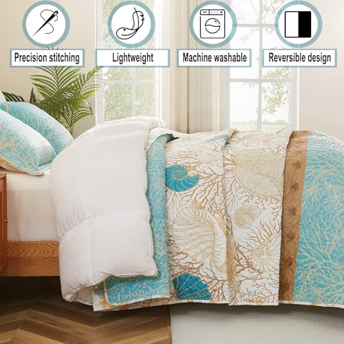 Cmfshape 3 Pieces Coastal Quilt Sets Queen Size-Ocean Theme Coral Shell Starfish Conch Pattern Printed Quilt,Reversible Beach Bedding Set,Summer Soft Lightweight Nautical Bedspread Coverlet(Queen 92"x96") - Image 3