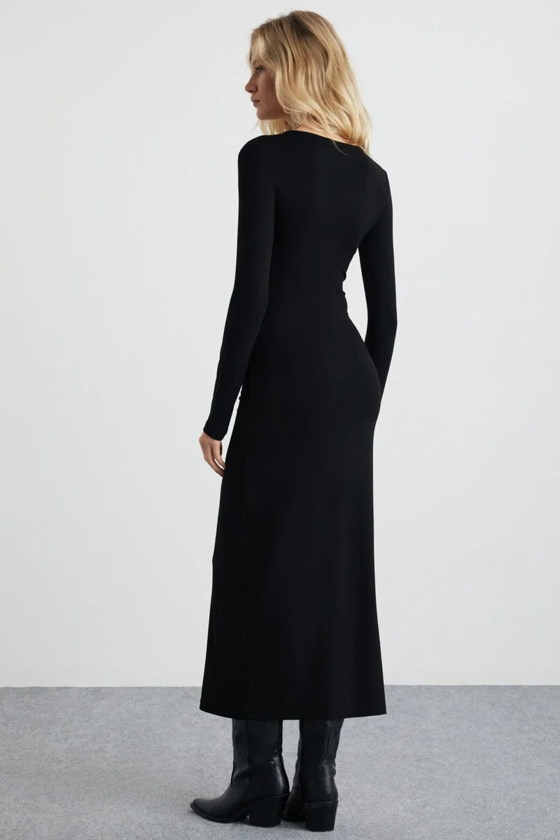 GRIMELANGE Lurvın Women's Viscose V Neck Long Sleeve Black Dress