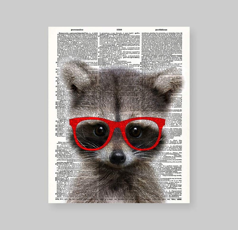 Susie Arts 8X10 Unframed Raccoon with red glasses Friends gift Living room Baby room funny art Christmas Gifts Upcycled Vintage Dictionary Art Print Book Art Print Home Decor Wall Art V216 - Image 2