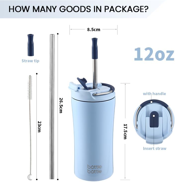 bottle bottle بottle bottle كوب قهوة معزول مع غطاء مزدوج الاستخدام وقشة - 12 أونصة من الفولاذ المقاوم للصدأ للسفر (أزرق) - Image 4