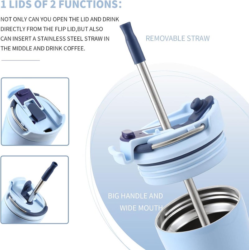 bottle bottle بottle bottle كوب قهوة معزول مع غطاء مزدوج الاستخدام وقشة - 12 أونصة من الفولاذ المقاوم للصدأ للسفر (أزرق) - Image 3