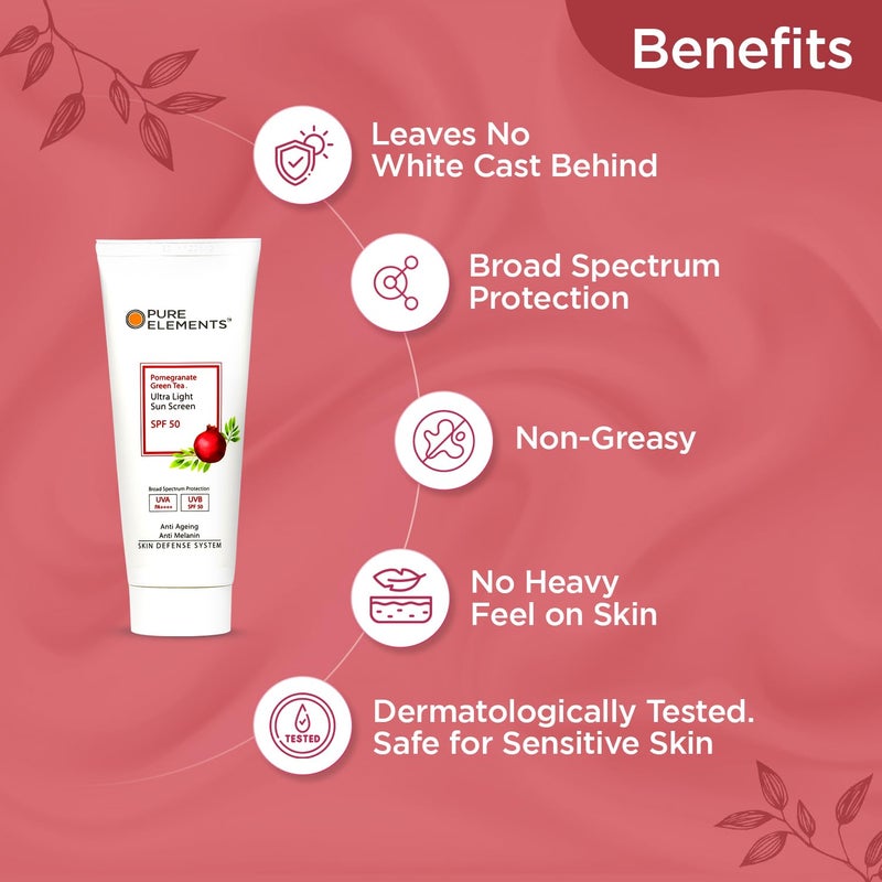 PURE ELEMENTS Ultralight Sunscreen SPF 50 with Pomegranate  Green Tea  PA  Lightweight Formula  For All Skin Types  No White Cast Acne Safe For Men  Women 80 GM - Image 2