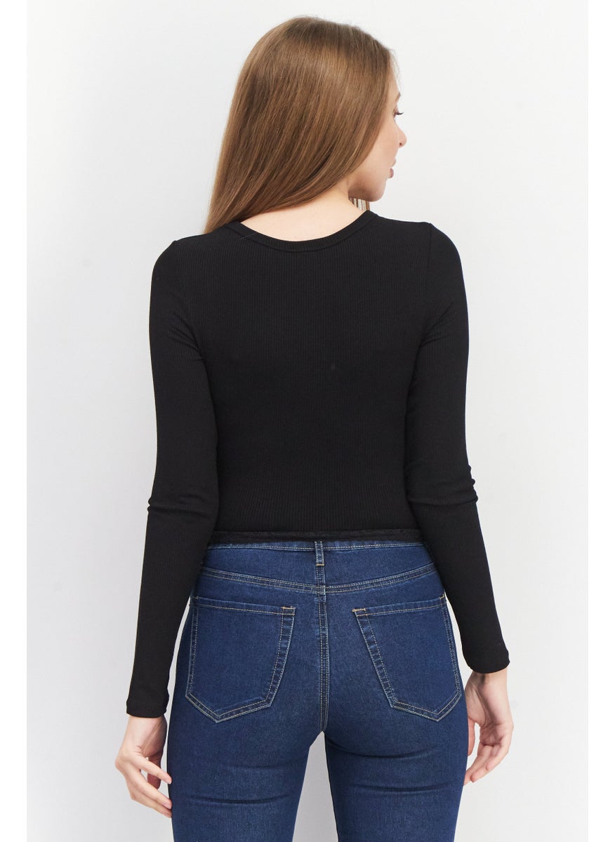 Don't Call Me Jennyfer - Women Crew Neck Long Sleeve Ribbed Top, Black - Image 1