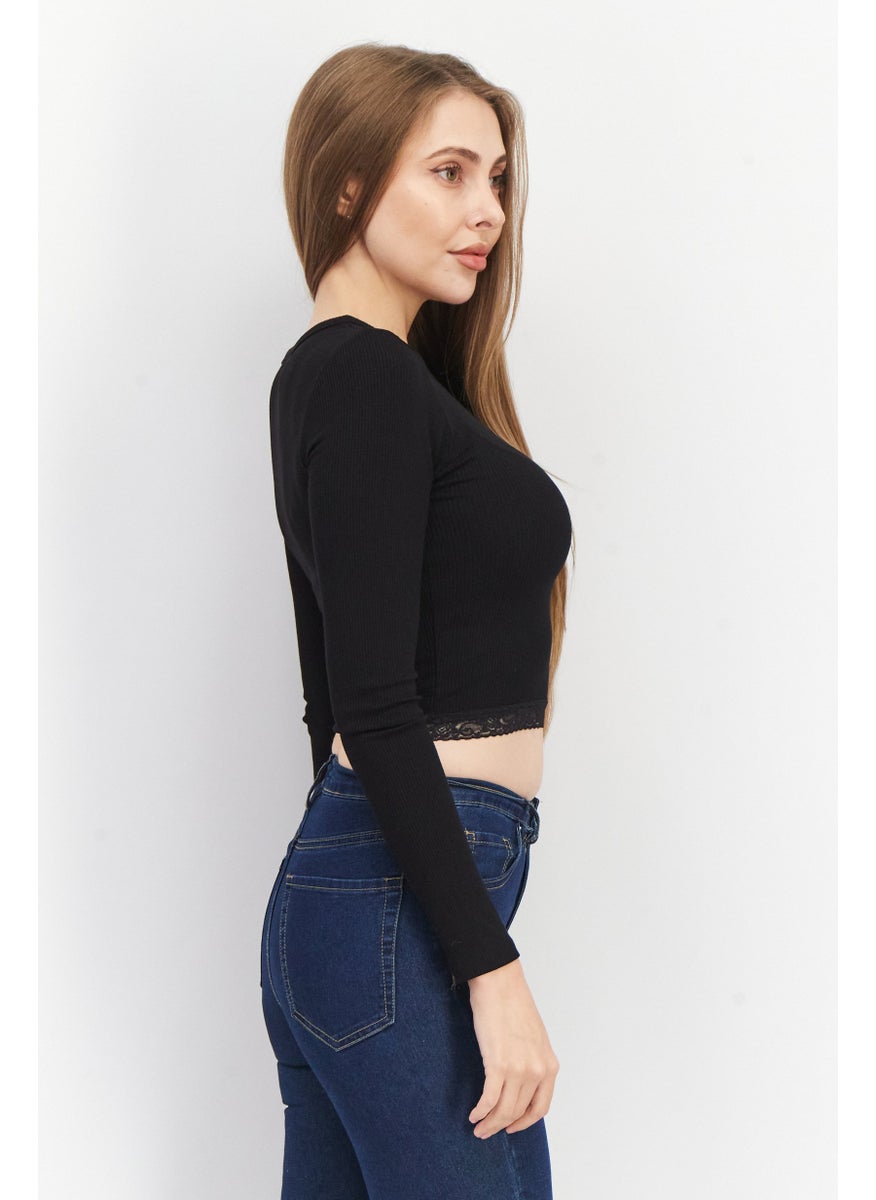 Don't Call Me Jennyfer - Women Crew Neck Long Sleeve Ribbed Top, Black - Image 1