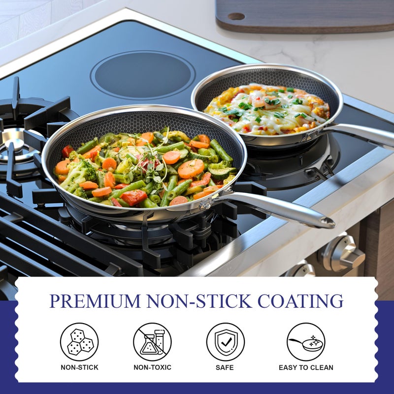 Bielmeier 8, 10, 12 Inch Nonstick Frying Pan with Tempered Glass Lid,6-Piece Set Stainless Steel Flat Bottom Frying Pan for Gas, Electric & Induction Cooktops, Dishwasher Safe - Image 3
