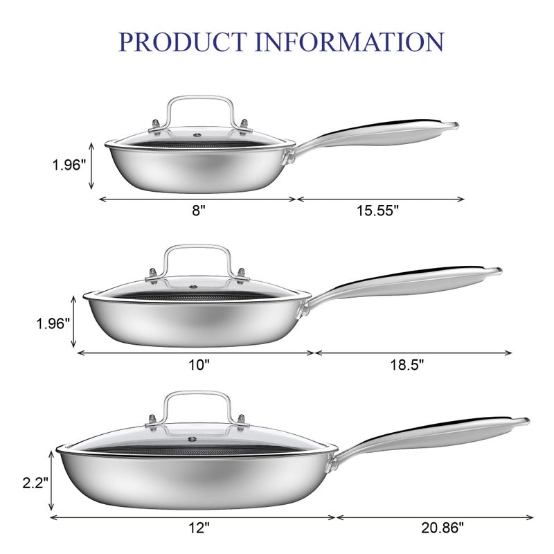 Bielmeier 8, 10, 12 Inch Nonstick Frying Pan with Tempered Glass Lid,6-Piece Set Stainless Steel Flat Bottom Frying Pan for Gas, Electric & Induction Cooktops, Dishwasher Safe - Image 4