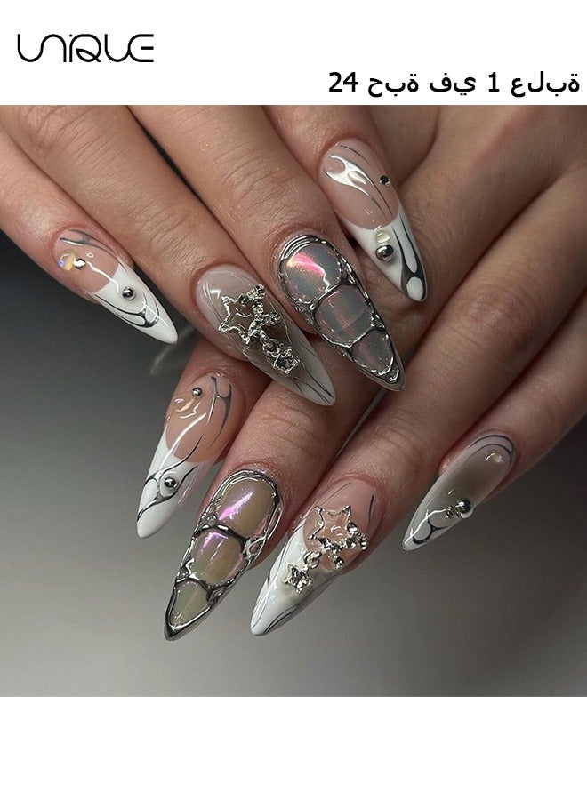 يونيك 24 قطعة أظافر مزيفة ، أظافر مكبس ، مانيكير لوز طويل - مانيكير أبيض نجمة متدرج - مانيكير لؤلؤي من حجر الراين ثلاثي الأبعاد - رقعة أظافر مزيفة - Image 1