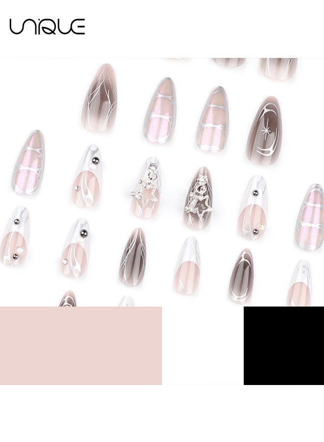 يونيك 24 قطعة أظافر مزيفة ، أظافر مكبس ، مانيكير لوز طويل - مانيكير أبيض نجمة متدرج - مانيكير لؤلؤي من حجر الراين ثلاثي الأبعاد - رقعة أظافر مزيفة - Image 2
