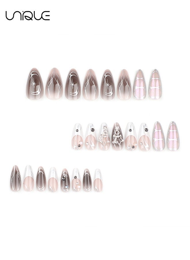 يونيك 24 قطعة أظافر مزيفة ، أظافر مكبس ، مانيكير لوز طويل - مانيكير أبيض نجمة متدرج - مانيكير لؤلؤي من حجر الراين ثلاثي الأبعاد - رقعة أظافر مزيفة - Image 4