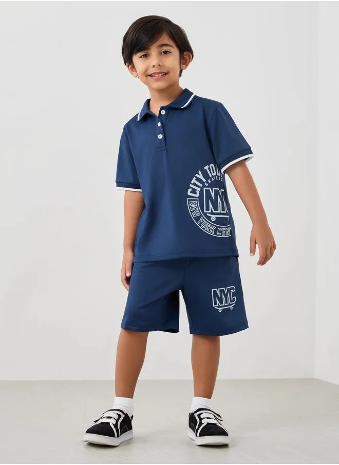 ستايلي Styli Graphic Print Polo T-Shirt and Shorts Set