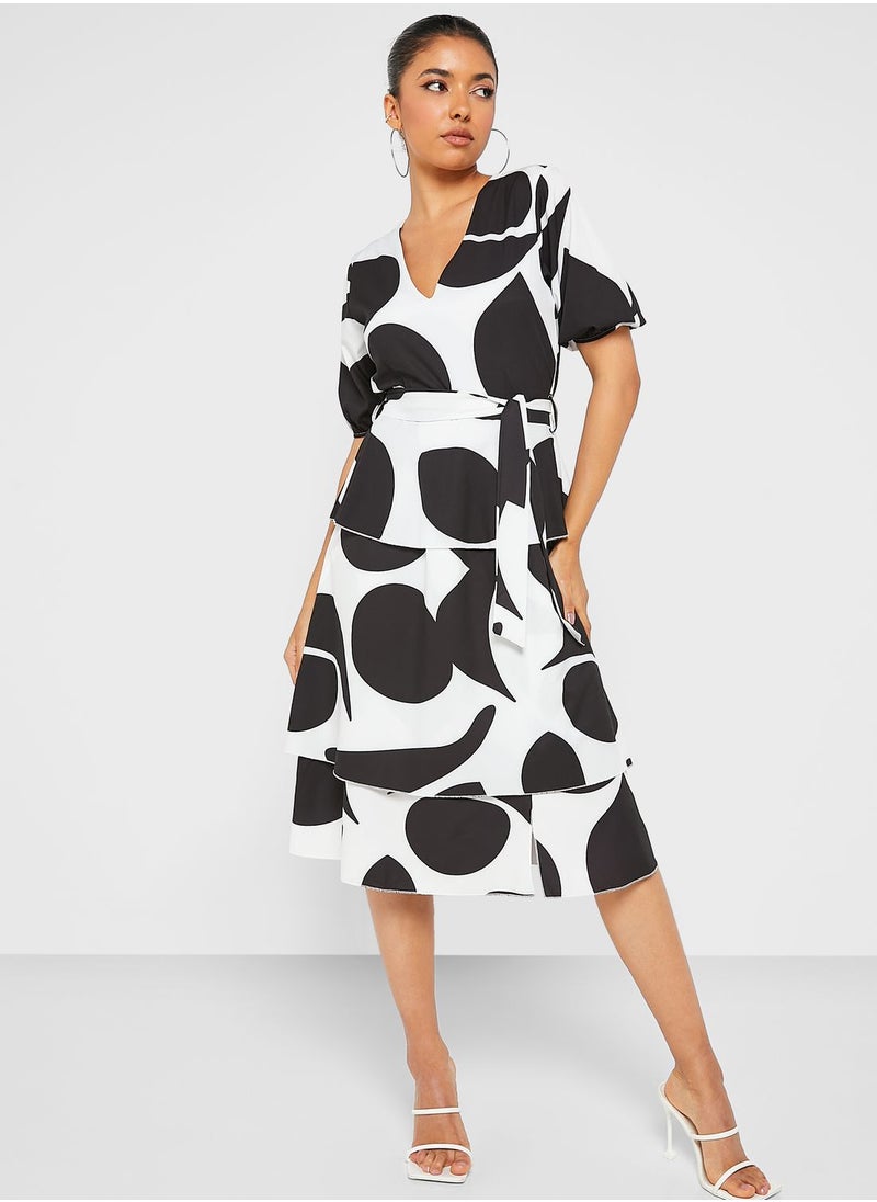 boohoo Abstract Print Belted Tiered Dress  - Image 1