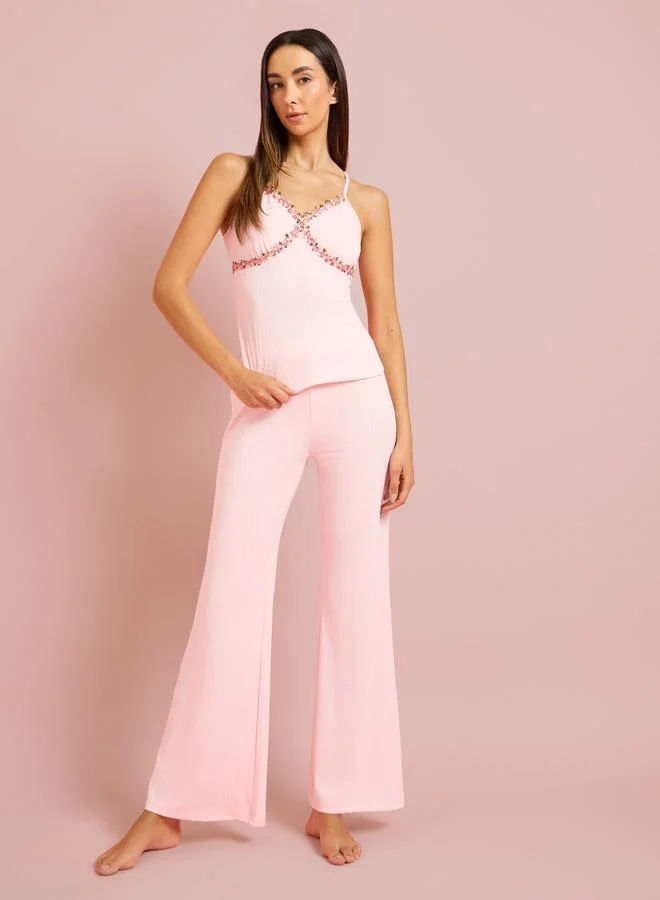 Styli Pink Rib Floral Embroidered Lace Detail Cami and Pyjama Set